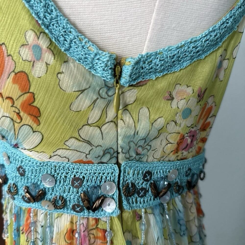 100% Silk Sue Wong Green Multicolor Beaded Floral Maxi Dress Blue Crochet - Picture 8 of 13